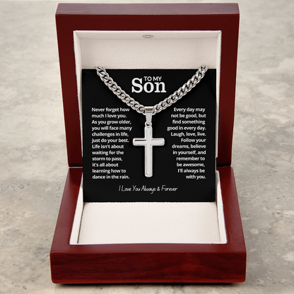 To My Son - Cuban Link Cross Necklace - I Love You Forever Message Card Gift