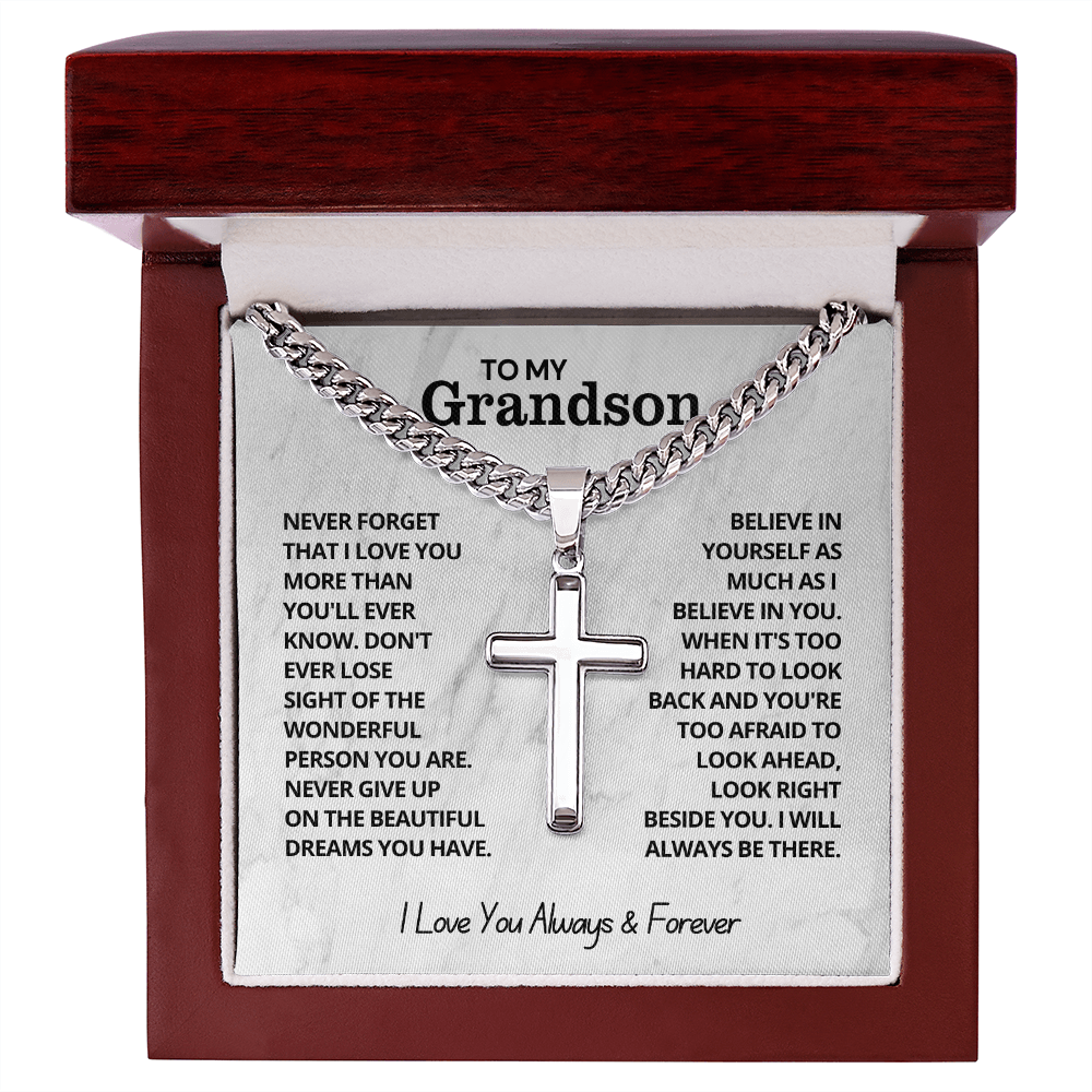 To My Grandson - Cuban Link Cross Necklace - I Love You Always & Forever Gift