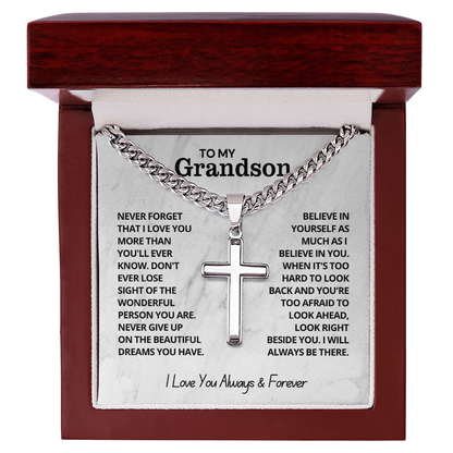 To My Grandson - Cuban Link Cross Necklace - I Love You Always & Forever Gift