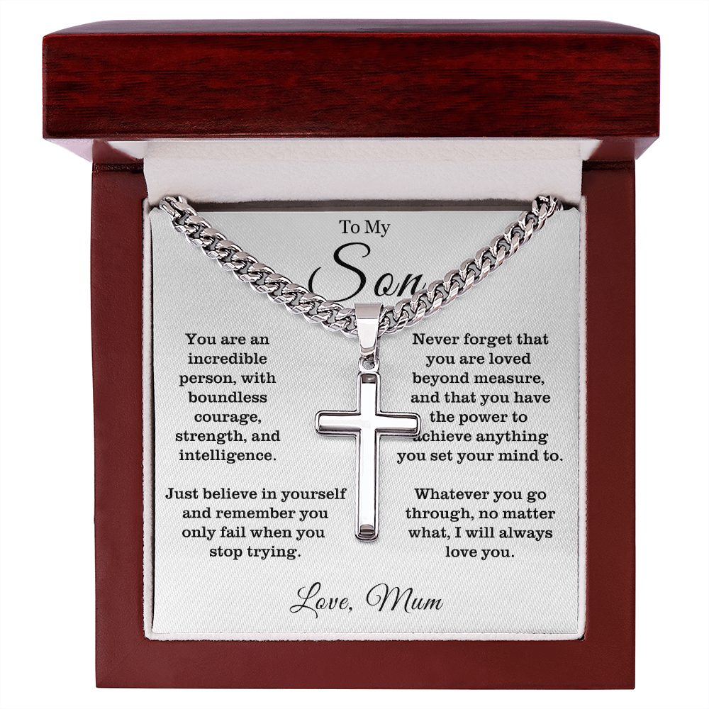 To My Son - Cuban Link Cross Necklace - Always Love You Message Card Gift
