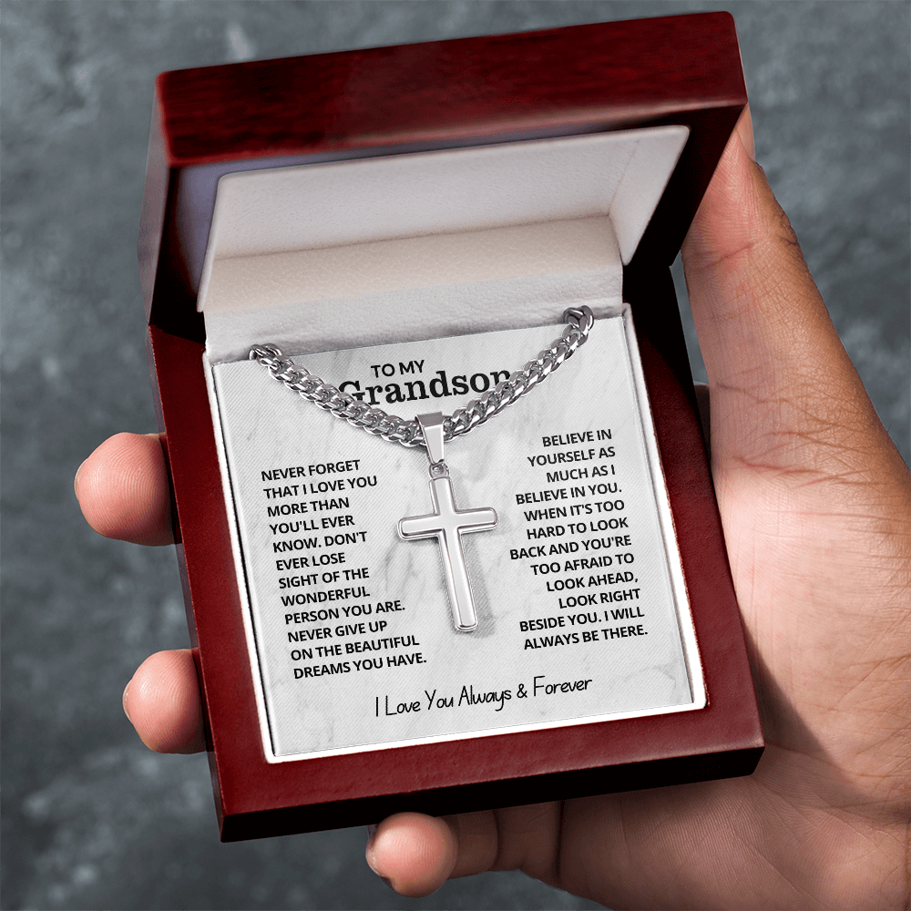 To My Grandson - Cuban Link Cross Necklace - I Love You Always & Forever Gift