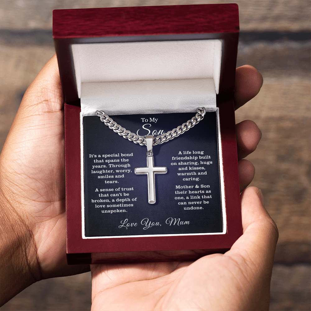 To My Son - Cuban Link Cross Necklace - Hearts As One Message Card Gift