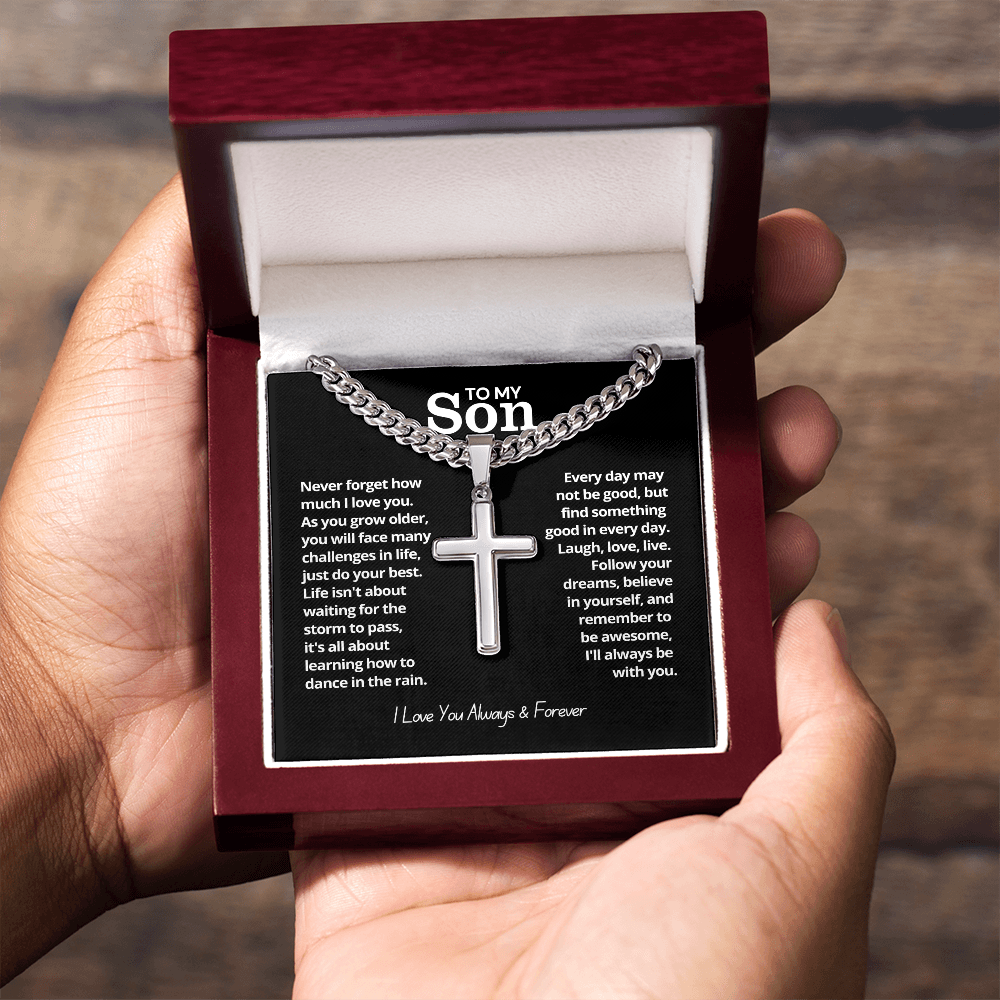 To My Son - Cuban Link Cross Necklace - I Love You Forever Message Card Gift
