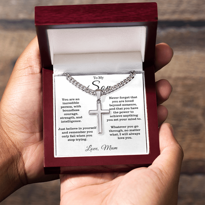 To My Son - Cuban Link Cross Necklace - Always Love You Message Card Gift