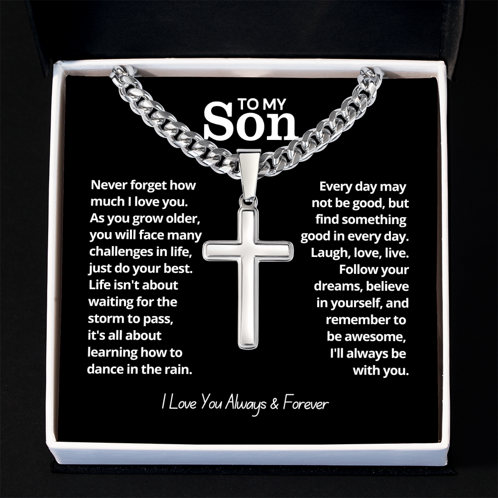 To My Son - Cuban Link Cross Necklace - I Love You Forever Message Card Gift