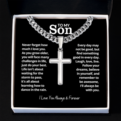 To My Son - Cuban Link Cross Necklace - I Love You Forever Message Card Gift