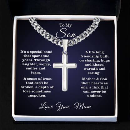 To My Son - Cuban Link Cross Necklace - Hearts As One Message Card Gift