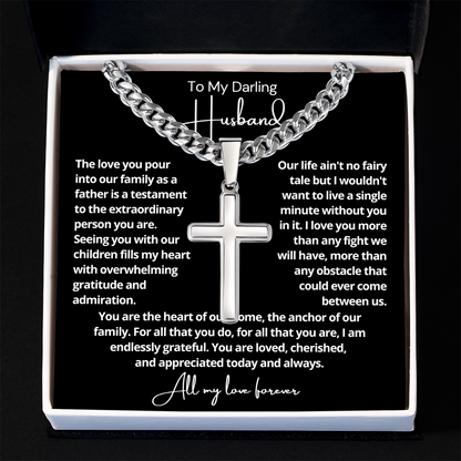 To My Husband - Cuban Link Cross Necklace - Love You More Message Card Gift