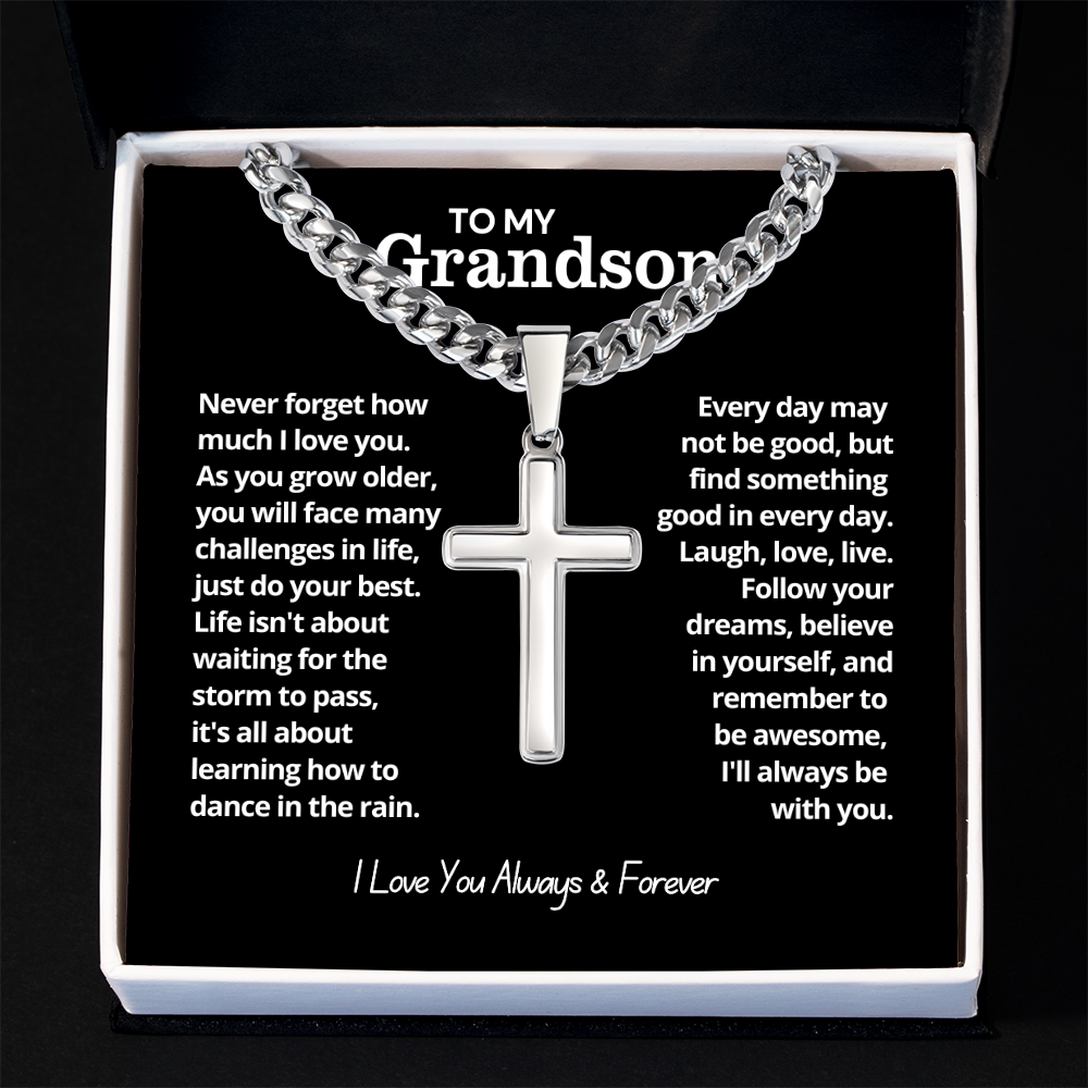 To My Grandson - Cuban Link Cross Necklace - I Love You Always & Forever Gift