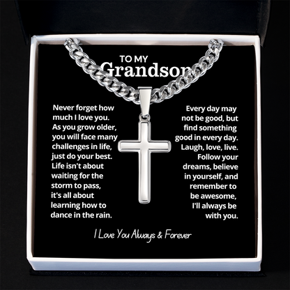 To My Grandson - Cuban Link Cross Necklace - I Love You Always & Forever Gift