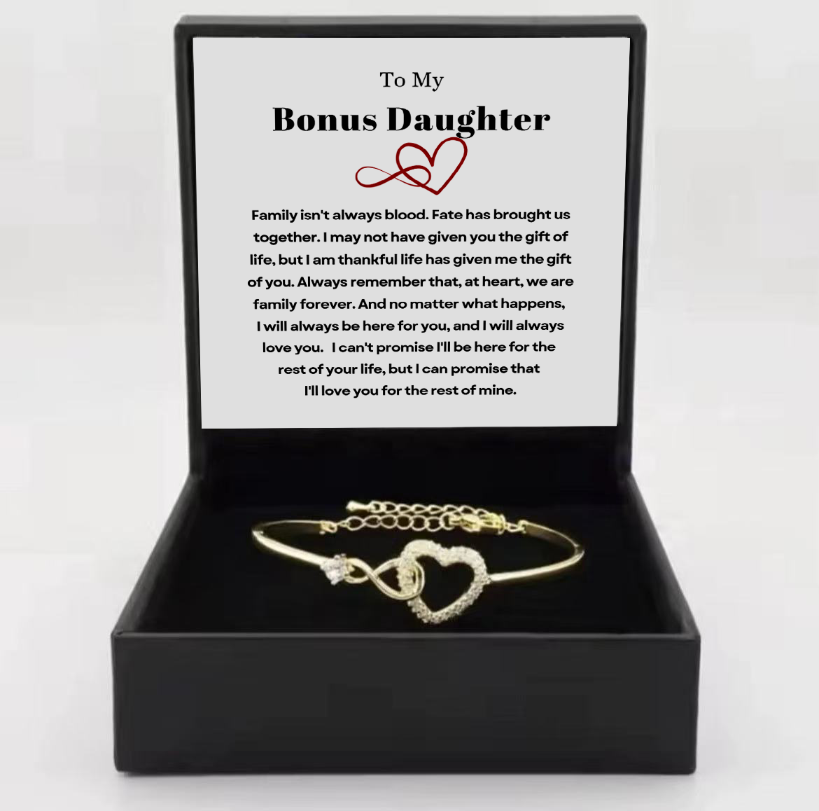 To My Bonus Daughter - Infinity Heart Bracelet Gift - We Are Family Forever